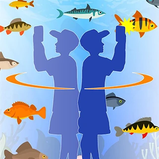 スマホをかざして360°の魚を捕まえる親子のイメージ